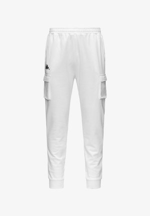 Pantalon de jogging blanc avec taille élastique, poches cargo latérales avec rabats, chevilles côtelées et petit logo noir sur la cuisse gauche.