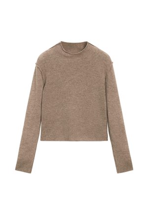 Brązowy krótki sweter z długim rękawem i okrągłym dekoltem, wyłożony na płasko na białym tle.