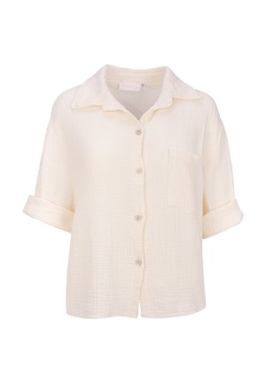 Kurzärmliges, knöpfbares Hemd in Off-White, aus strukturiertem Stoff gefertigt, mit Kragen und einer aufgesetzten Brusttasche.