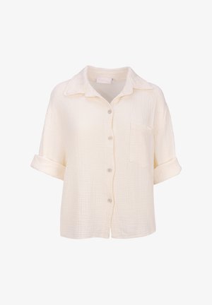 Kurzärmliges, knöpfbares Hemd in Off-White, aus strukturiertem Stoff gefertigt, mit Kragen und einer aufgesetzten Brusttasche.
