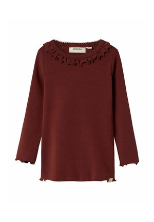 Bordeaux lange mouwen shirt met een gerimpelde halslijn, textuur stof en een licht gebogen zoom. Label zichtbaar aan de onderkant rechts.