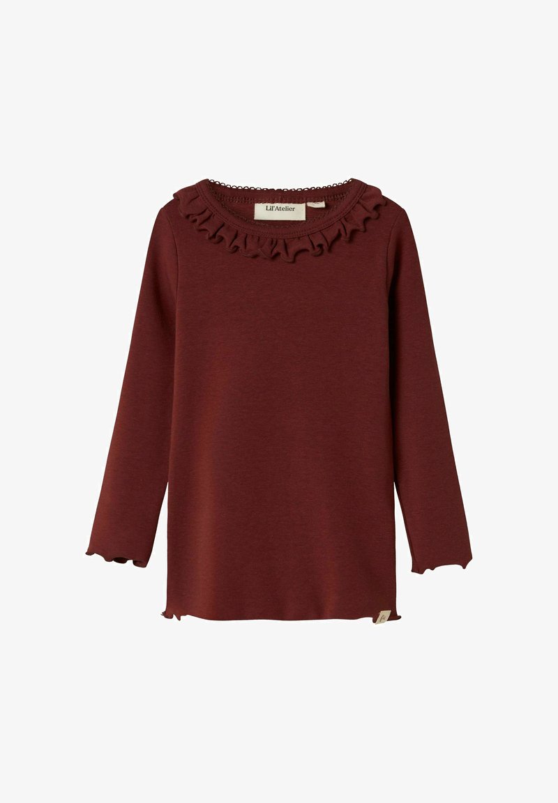 Burgundská košeľa s dlhým rukávom a volánovým výstrihom, textúrovaná látka a mierne zakrivený lem. Označenie viditeľné v dolnom pravom rohu.