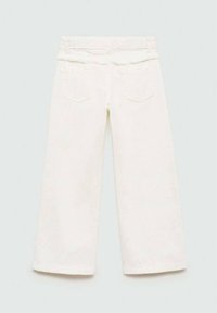 White denim culottes with a front waistband, two back pockets, and a slightly frayed hem. The fabric has a smooth texture.