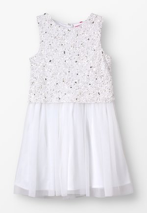 White dress with a sequin-embellished bodice and a tulle skirt. Features a round neckline and sleeveless design. Soft texture and lightweight.