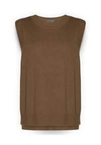 Maglione senza maniche marrone in maglia con scollo rotondo, dettagli a costine sulle spalle e sull'orlo, e una finitura morbida e testurizzata.