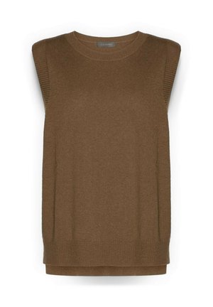 Maglione senza maniche marrone in maglia con scollo rotondo, dettagli a costine sulle spalle e sull'orlo, e una finitura morbida e testurizzata.