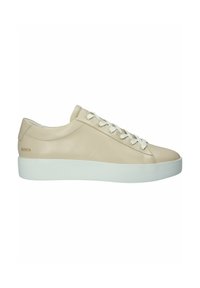 Beige leather sneakers with white rubber sole, flat lace closure, smooth texture, and minimal branding on the heel.