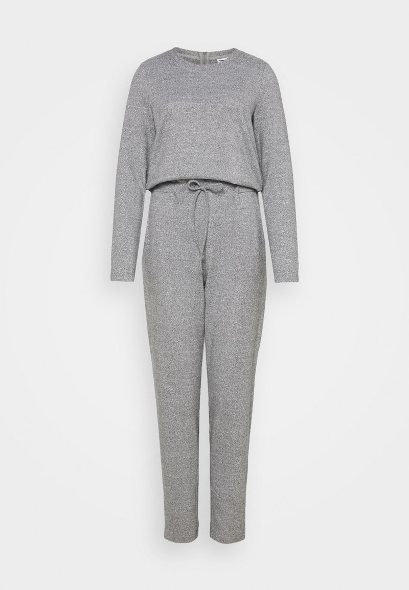 Ensemble gris comprenant un haut à manches longues et un pantalon en maille assorti avec une taille à cordon, présenté sur un fond blanc uni.