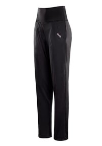 Pantaloni sportivi neri realizzati in un materiale liscio e elastico, con un'alta vita e due tasche laterali. Dettaglio del logo ricamato visibile.