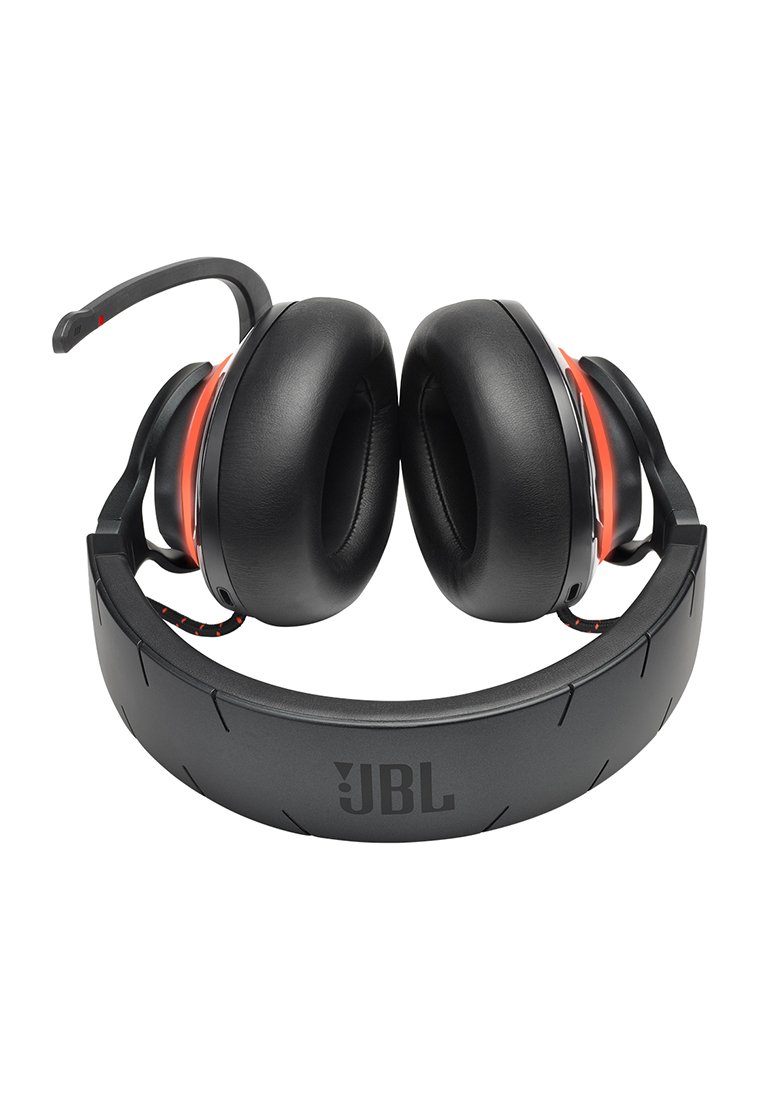 Cuffie JBL nere on-ear con padiglioni imbottiti e un braccio del microfono attaccato, viste frontalmente.
