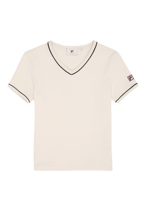 T-shirt crème à col en V en mélange de coton. Avec un bord noir le long de l'encolure et des manches, et une petite étiquette logo sur la manche gauche.
