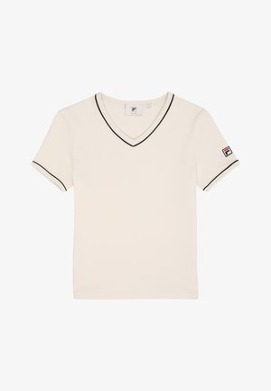 Crème V-hals t-shirt van een katoenmix. Heeft een zwarte rand langs de halslijn en mouwen, met een klein logotag op de linkermouw.