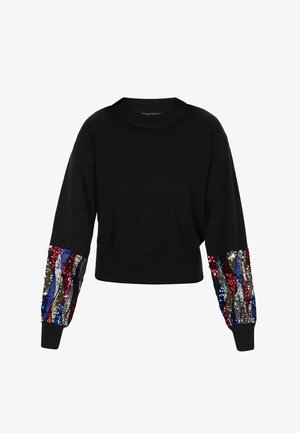 Suéter negro corto con mangas largas, que presenta acentos de lentejuelas multicolores en rojo, plata, azul y oro en las mangas. Textura suave.