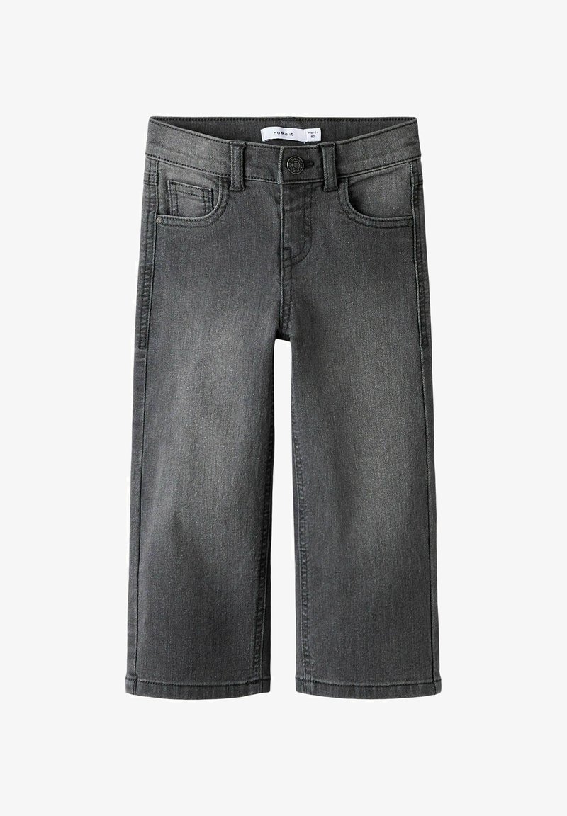 Jean en denim gris foncé pour tout-petits avec poches avant, passants pour ceinture, fermeture à bouton et jambes droites.