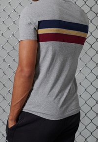 Camiseta gris de manga corta con un diseño de rayas horizontales en azul marino, amarillo y burdeos en la parte superior de la espalda. Textura suave.