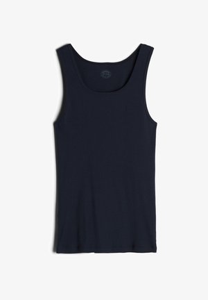 Top sin mangas de color azul marino con un diseño acanalado, tirantes anchos y un escote redondo, que presenta una textura suave y un corte ajustado.