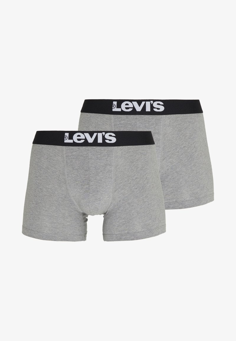 Graue Baumwoll-Boxershorts mit einem schwarzen elastischen Bund, der das Levi's-Logo zeigt. Glatte Textur und enganliegendes Design.