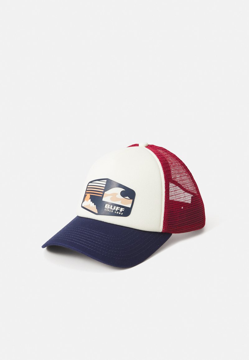 Trucker cap with a white front, navy visor, and red mesh back. Features a graphic patch with mountains and waves in blue, orange, and white.