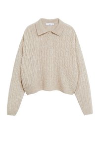 Pull en tricot beige avec col, comportant une patte de boutonnage, un motif en relief de torsades, et un ourlet côtelé. Coupe courte.