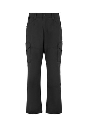 Black cargo pants made from durable fabric, featuring multiple side pockets, belt loops, and a straight-leg design.