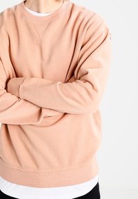 Sudadera color melocotón con un corte holgado, confeccionada en un material suave con puños y dobladillo acanalados. Presenta un cuello redondo clásico y costuras sutiles.