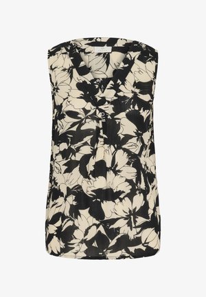 Mouwloze blouse van een crème stof met een zwarte bloemenprint. Opvallende details zijn een V-halslijn en een knoopsluiting aan de voorkant.