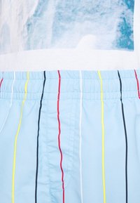 Simshorts i ljusblått tyg med vertikala, flerfärgade ränder i röd, gul, svart och vit. Elastisk midja synlig.