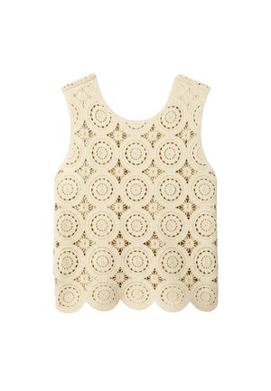 Top en crochet sans manches couleur crème avec motifs circulaires et étoilés et ourlet festonné, posé à plat sur fond blanc.