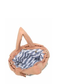 Borsa a mano color pesca chiaro con manici imbottiti, apertura superiore senza chiusura e fodera interna a righe blu e bianche con tasca con zip.