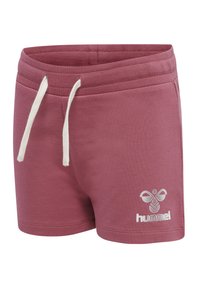 Burgunderfärgade bomullsshorts med en mjuk textur, elastisk midja, vit dragsko och Hummel-logotyp i vitt på nedre högra sidan.
