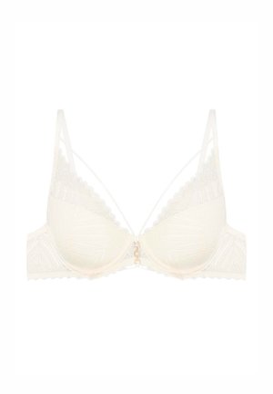 Lace bra in off-white featuring a scalloped design, underwire cups, adjustable straps, and a gold accent at the center.