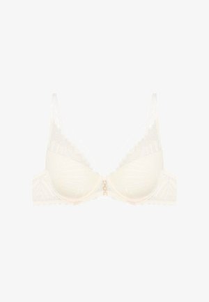 Lace bra in off-white featuring a scalloped design, underwire cups, adjustable straps, and a gold accent at the center.