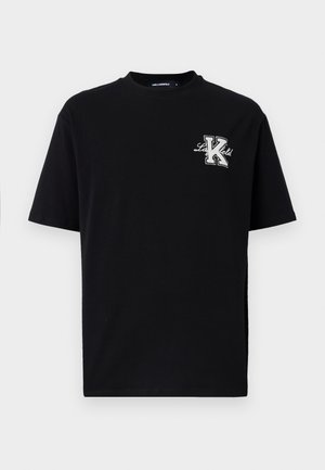 Black cotton t-shirt with short sleeves, crew neck, and a gray embroidered logo on the chest. Smooth texture, relaxed fit.