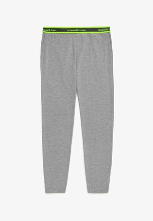 Leggings gris avec une taille élastique arborant un logo vert et noir contrastant. Le tissu semble doux et extensible, adapté pour le confort.