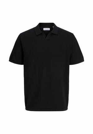 Must lühikeste varrukatega polo särk, millel on tekstuuriga kangas ja väike krae, sees oleva kaelu piirkonnas sildiga "JACK & JONES".