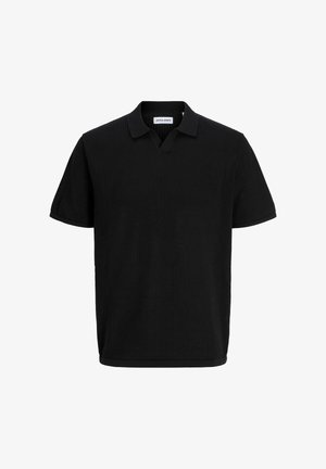 Must lühikeste varrukatega polo särk, millel on tekstuuriga kangas ja väike krae, sees oleva kaelu piirkonnas sildiga "JACK & JONES".