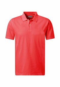 Rotes Poloshirt aus Baumwolle mit klassischem Kragen, kurzen Ärmeln, einer Zwei-Knopf-Leiste und einer glatten, gleichmäßigen Textur.
