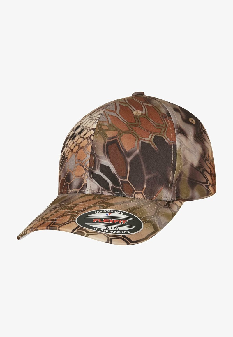 Cappello mimetico marrone con un design strutturato, vestibilità flessibile e visiera rigida. Il tessuto ha una superficie liscia con motivi esagonali.