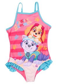 One-piece swimsuit in pink with blue accents; features cartoon dogs, ruffle trim, and 'PAW-fect Summer' text on a striped background.