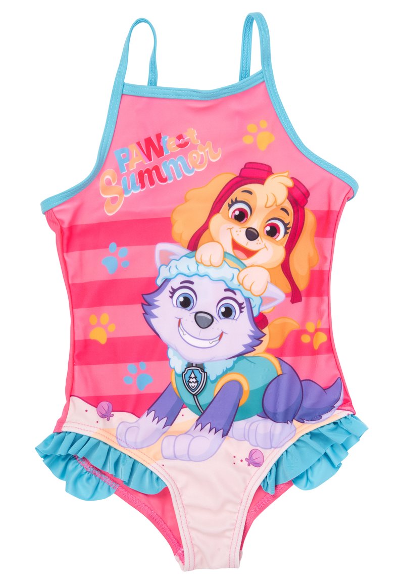 One-piece swimsuit in pink with blue accents; features cartoon dogs, ruffle trim, and 'PAW-fect Summer' text on a striped background.