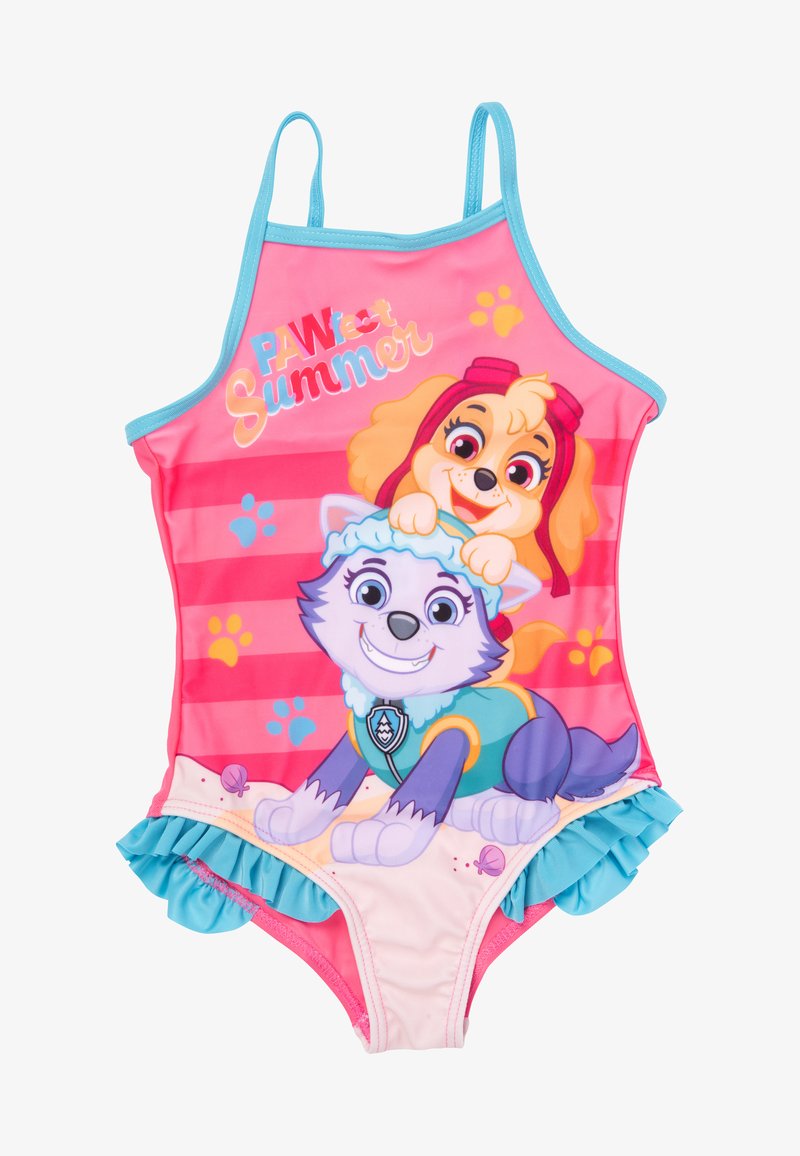 One-piece swimsuit in pink with blue accents; features cartoon dogs, ruffle trim, and 'PAW-fect Summer' text on a striped background.