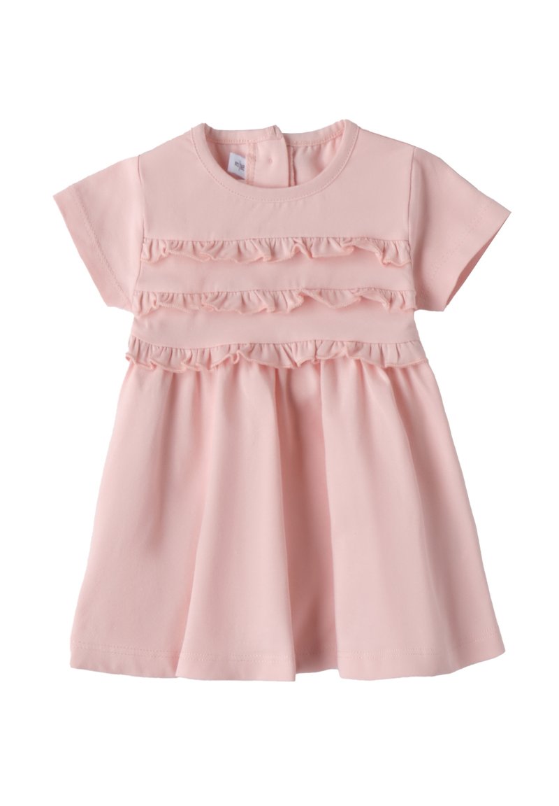 Jasnoróżowa bawełniana sukienka z krótkimi rękawami, okrągłym dekoltem i trzema falbaniastymi warstwami na korpusie, z rozkloszowanym dołem.