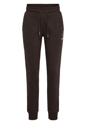 Pantalon de jogging marron foncé avec taille élastique, cordon, chevilles repliées et petit logo blanc sur la partie supérieure de la cuisse gauche.