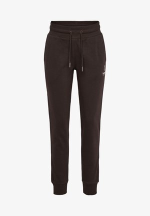 Pantalon de jogging marron foncé avec taille élastique, cordon, chevilles repliées et petit logo blanc sur la partie supérieure de la cuisse gauche.