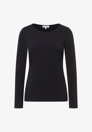 Long-sleeve black top with a round neck, made from soft cotton material, featuring a smooth texture and simple design. No patterns or accents.