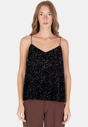 Top camicetta nero con paillettes, spalline sottili regolabili, scollo a V e vestibilità ampia. La trama è scintillante con paillettes lucide ovunque.