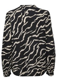 Chemise noire à manches longues avec des rayures blanches abstraites semblables à celles d'un zèbre, poignets à boutons et col classique, vue de dos.