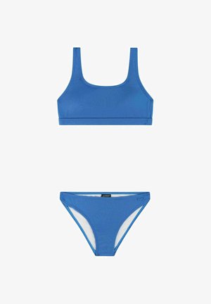 Blauw gestructureerd tweedelig badpak met een tanktopstijl en bijpassende bikini onderkant, geïllustreerd op een witte achtergrond.