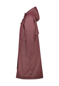 Waterproof maroon raincoat with a hood, long sleeves, side pockets, and adjustable drawstring closure. Smooth, matte finish with a straight cut.