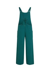 Teal cotton overalls with wide legs, adjustable straps, and a tie detail at the waist. Features large side pockets and a textured finish.